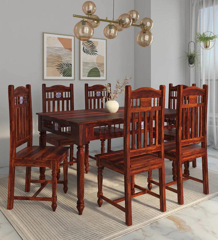 Sheesham Wood 6 Seater Dining Set In Honey Oak Finish - Ouch Cart 