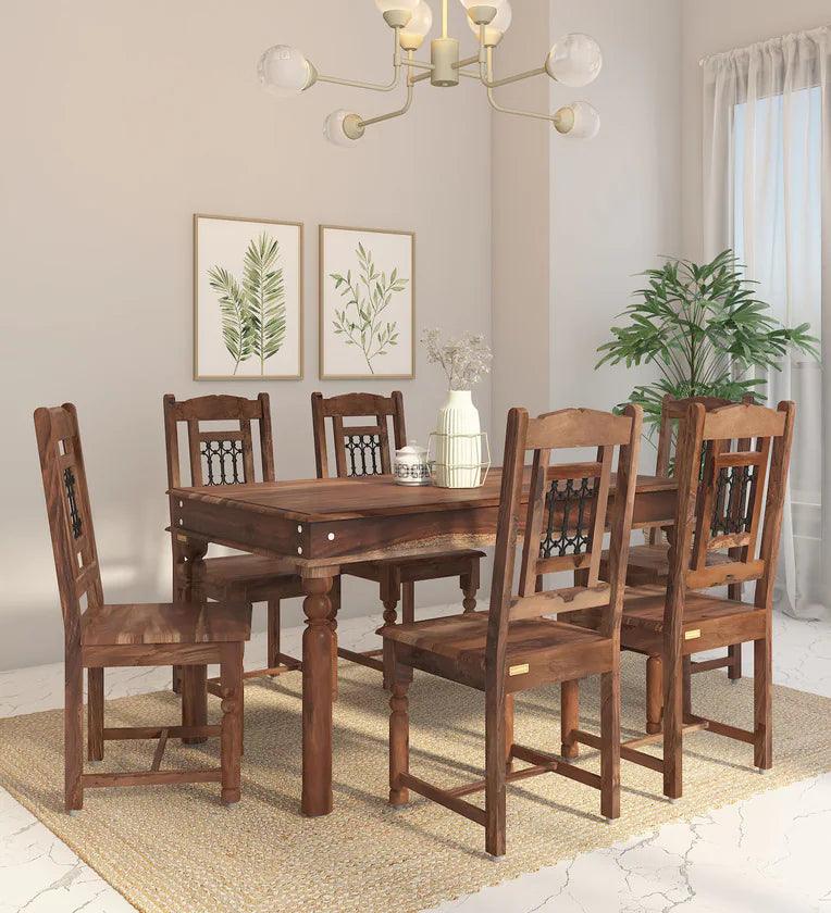 Sheesham Wood 6 Seater Dining Set In Rustic Teak Finish - Ouch Cart 