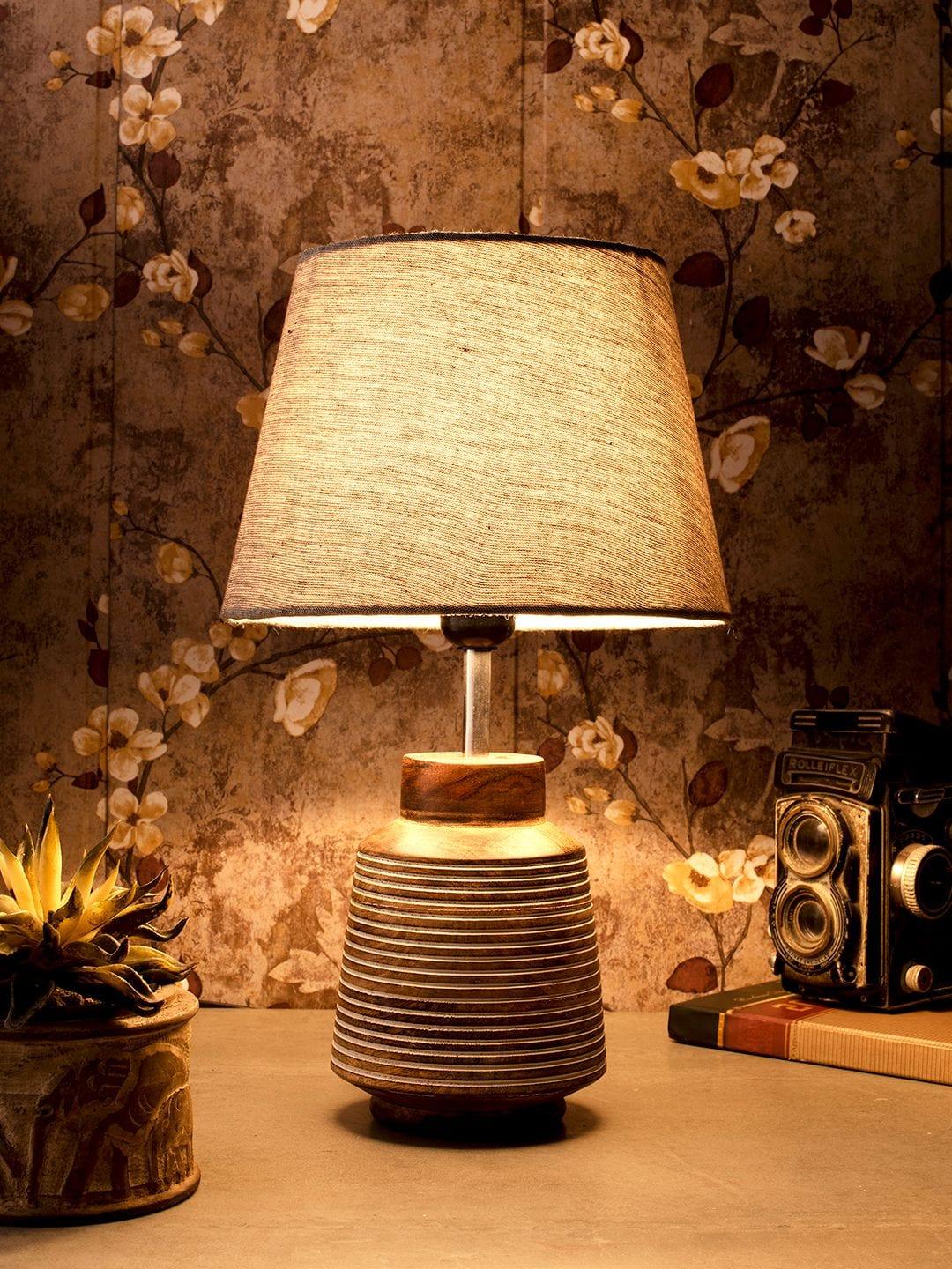 Rustic Ridged Wooden Lamp with Samre Grey Shade