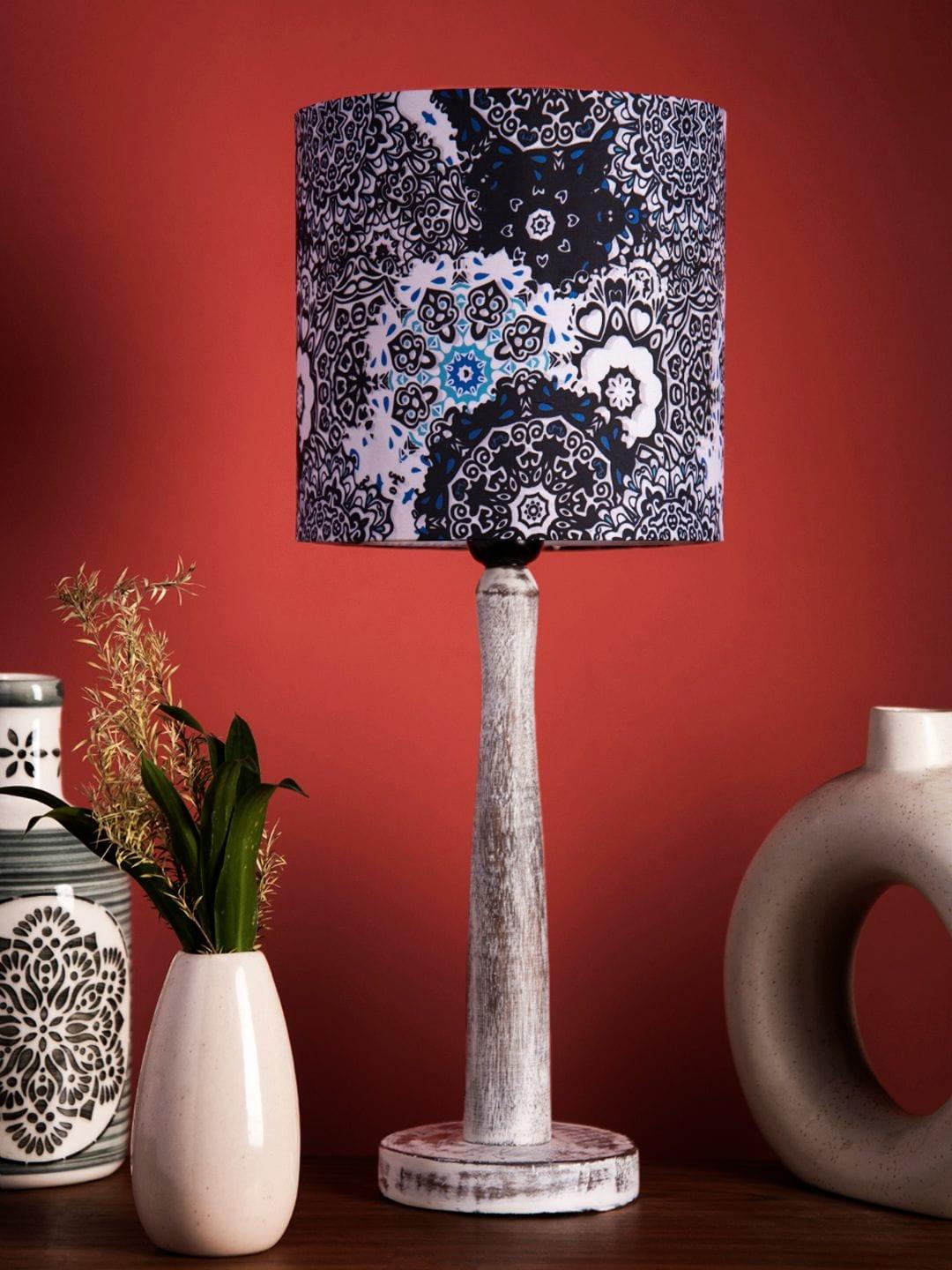 Distress White Wooden Lamp with Blue Batik Print Shade - Ouch Cart 