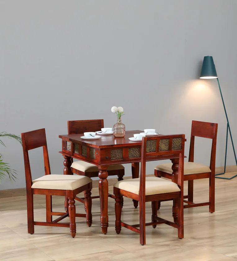 Sheesham Wood 4 Seater Dining Set In Scratch Resistant Honey Oak Finish With Brass Cladding - Ouch Cart 