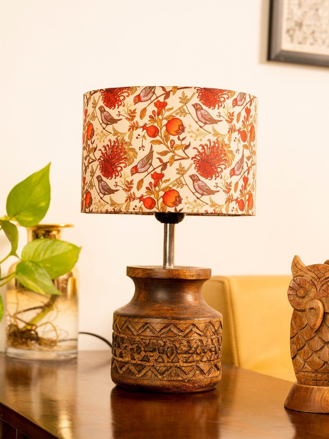 Wooden Carved Lamp with Birdy Multicolor Shade - Ouch Cart 