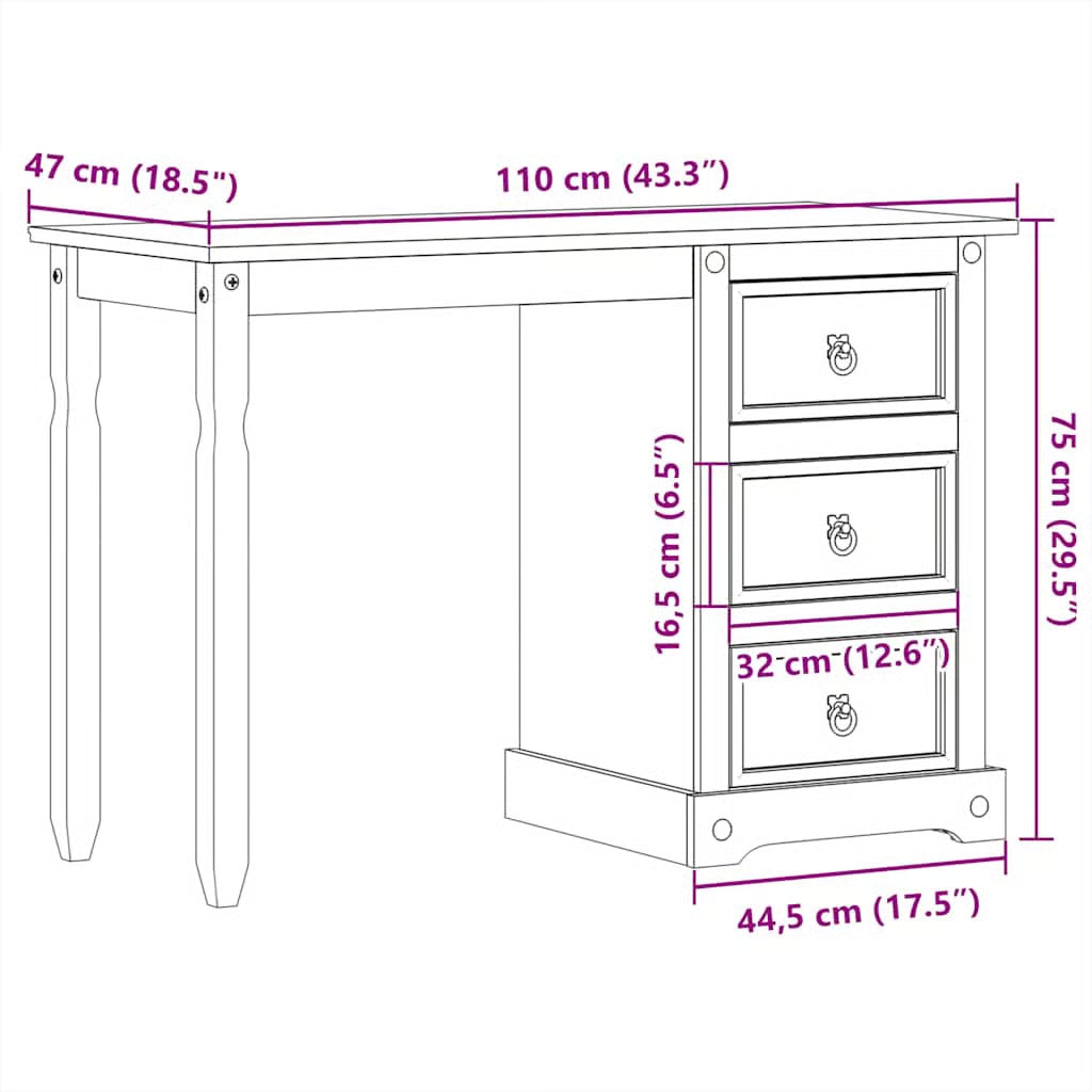vidaXL Dressing Table Honey Solid pine wood with a honey wax finish-OUCH CART |Dressing table
