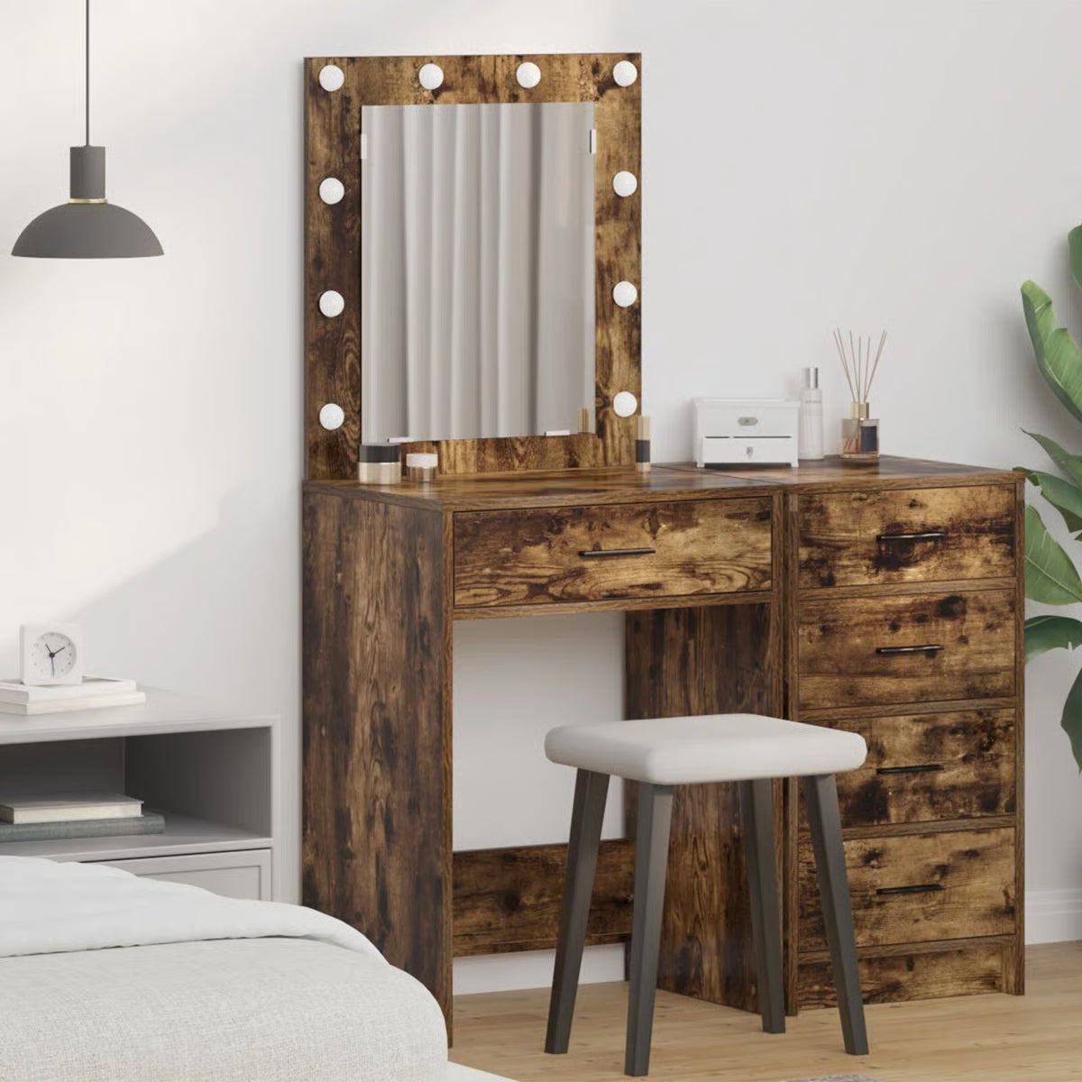 vidaXL Dressing Table with LED Lights in Smoked Oak 19.7x16.1x53.1 in
