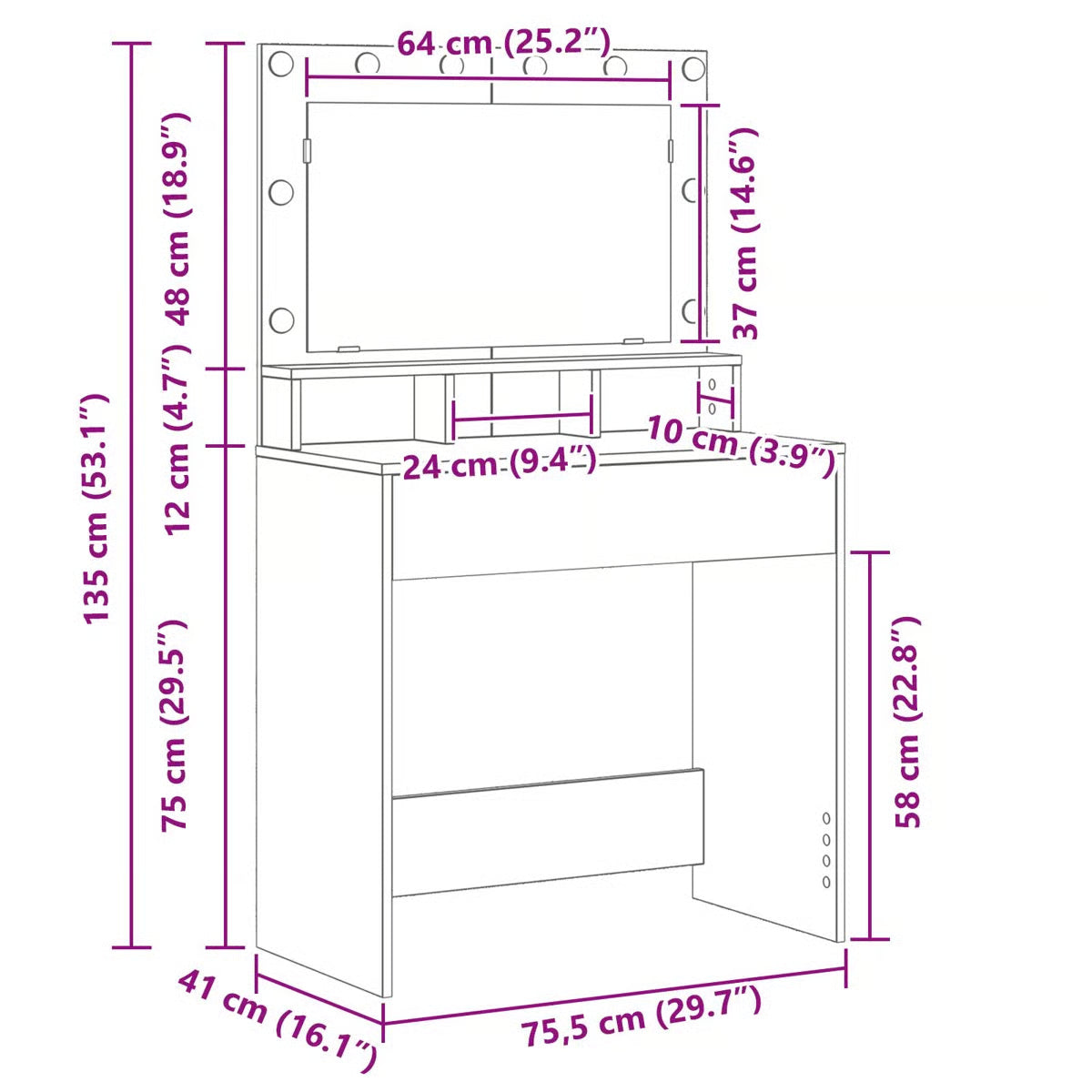 vidaXL Vanity Table Gray sonoma Engineered Wood 31.1 x 16.1 x 53.1 in-OUCH CART |Dressing table
