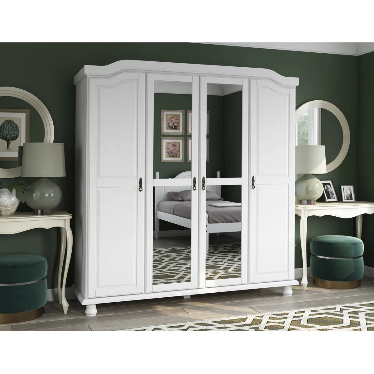 Kyle 100% Solid Wood 4-door Wardrobe Armoire with Mirrored Doors