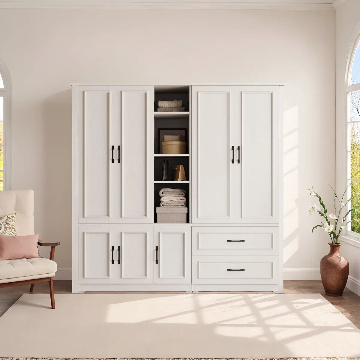 5-Door Wooden Wardrobe With Hanging Poles & 4 Open Storage Shelves, 70” Armoire For Hanging Clothes