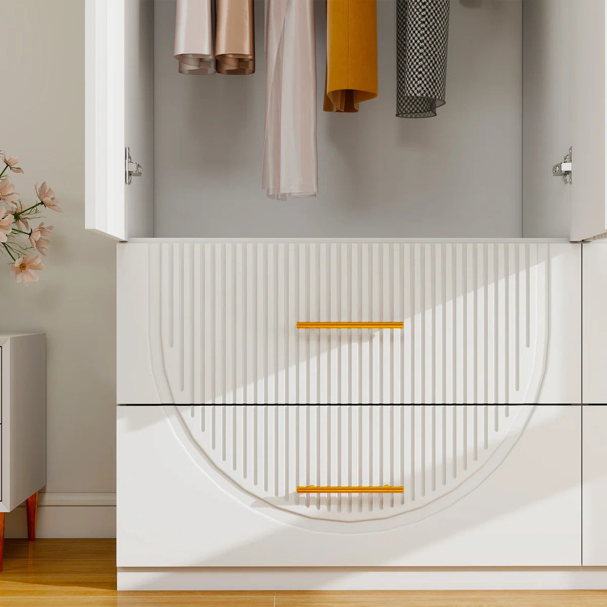 Merta White Wardrobe Closet with Soft-Close Doors — 3-Tier Shelves & 4 Drawers MDF Armoire for Bedroom