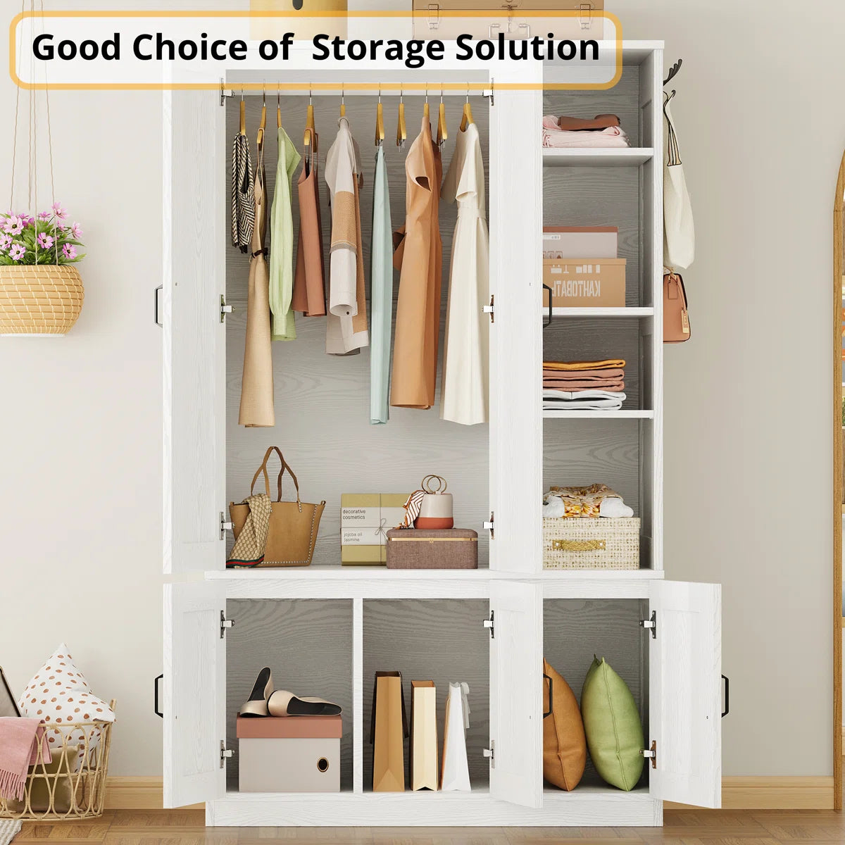 5-Door Wooden Wardrobe With Hanging Poles & 4 Open Storage Shelves, 70” Armoire For Hanging Clothes