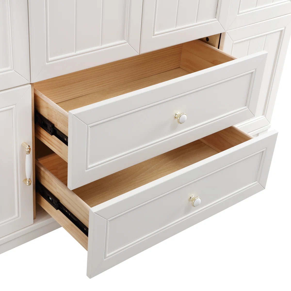 4 Doors Wardrobe Armoire 100% Soild Wood Storage Cabinet With Shelves, 70.87"H Wardrobe Closet With 2 Drawers and 2 Hanging Rods, Pearly White Finish