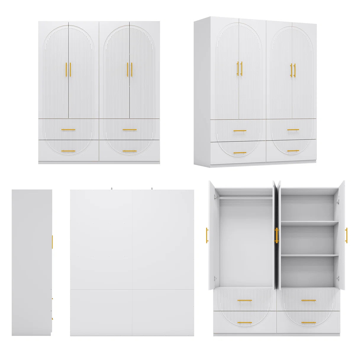 Merta White Wardrobe Closet with Soft-Close Doors — 3-Tier Shelves & 4 Drawers MDF Armoire for Bedroom