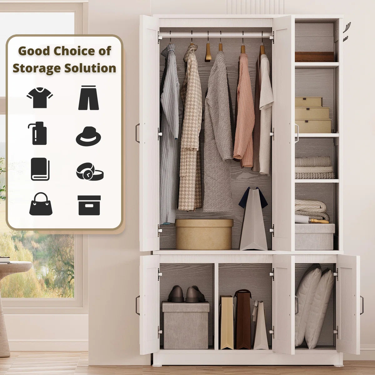 5-Door Wooden Wardrobe With Hanging Poles & 4 Open Storage Shelves, 70” Armoire For Hanging Clothes