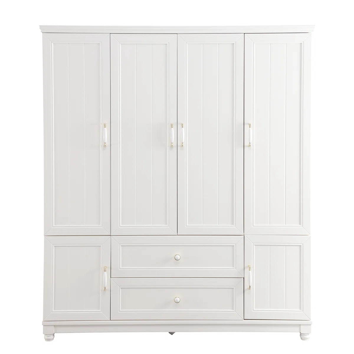 4 Doors Wardrobe Armoire 100% Soild Wood Storage Cabinet With Shelves, 70.87"H Wardrobe Closet With 2 Drawers and 2 Hanging Rods, Pearly White Finish