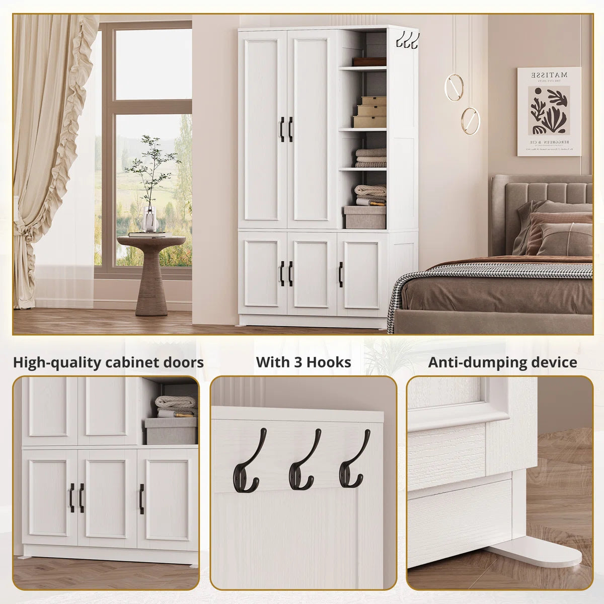 5-Door Wooden Wardrobe With Hanging Poles & 4 Open Storage Shelves, 70” Armoire For Hanging Clothes