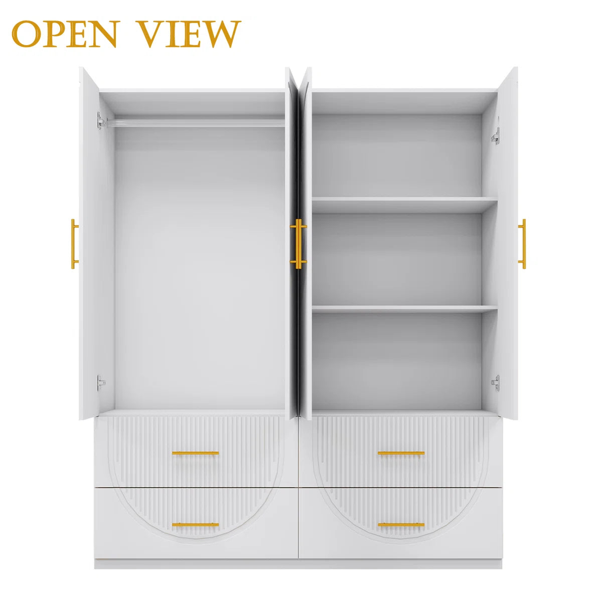 Merta White Wardrobe Closet with Soft-Close Doors — 3-Tier Shelves & 4 Drawers MDF Armoire for Bedroom