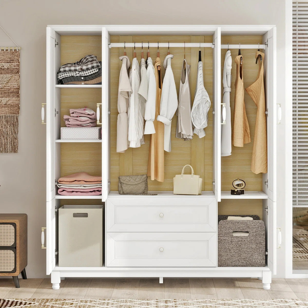 4 Doors Wardrobe Armoire 100% Soild Wood Storage Cabinet With Shelves, 70.87"H Wardrobe Closet With 2 Drawers and 2 Hanging Rods, Pearly White Finish