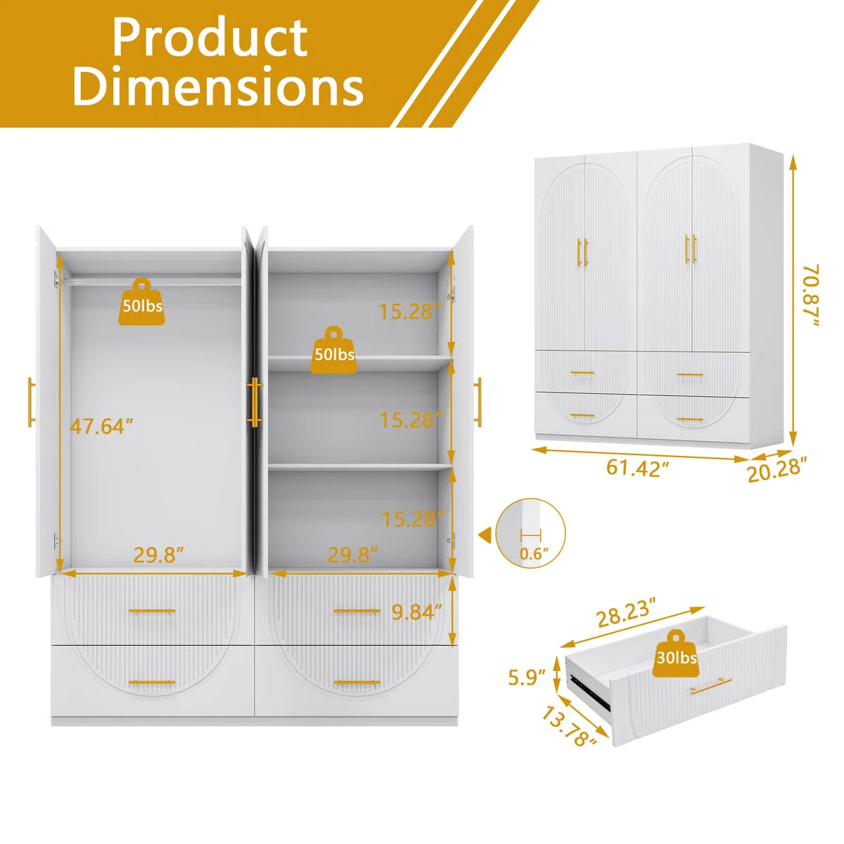 Merta White Wardrobe Closet with Soft-Close Doors — 3-Tier Shelves & 4 Drawers MDF Armoire for Bedroom