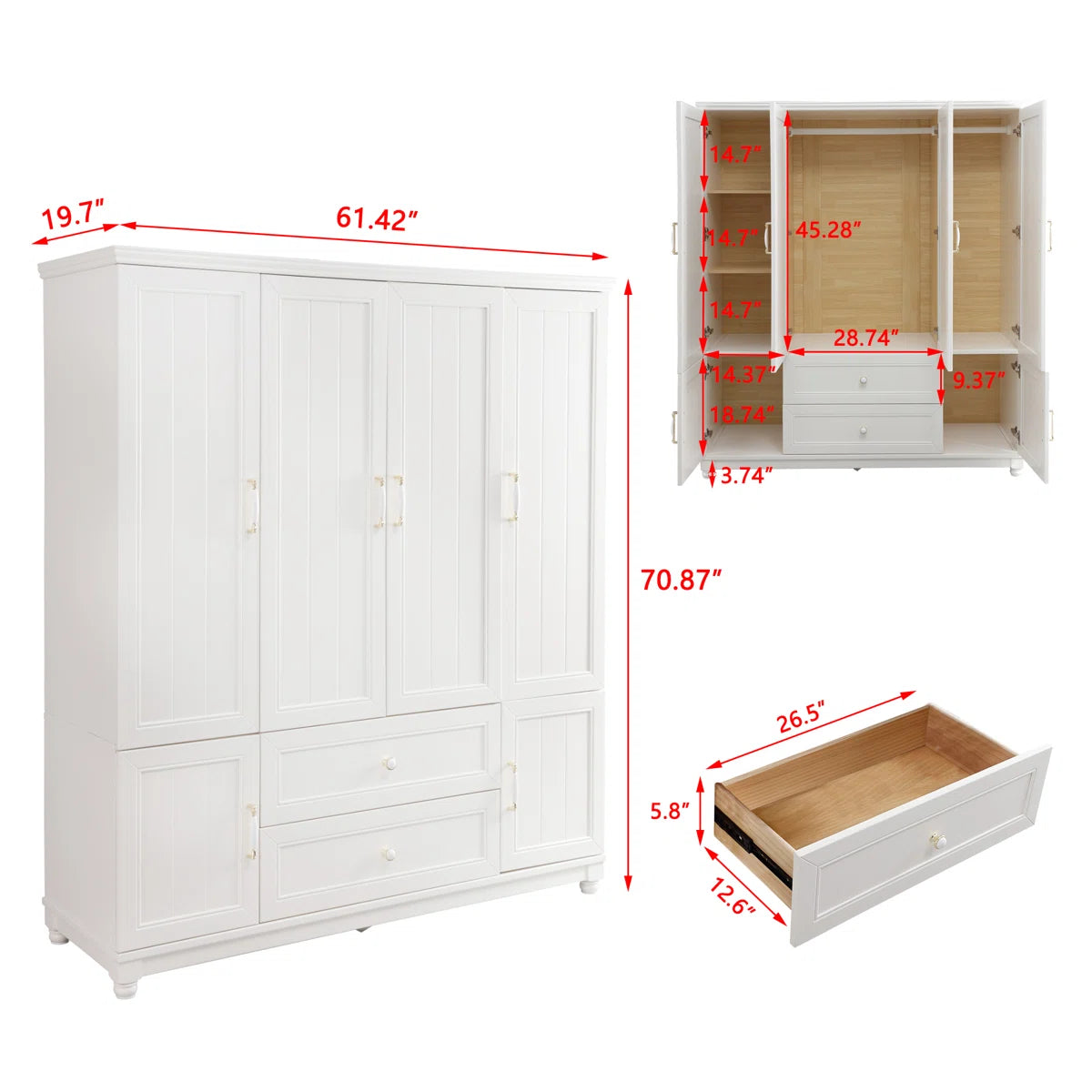 4 Doors Wardrobe Armoire 100% Soild Wood Storage Cabinet With Shelves, 70.87"H Wardrobe Closet With 2 Drawers and 2 Hanging Rods, Pearly White Finish