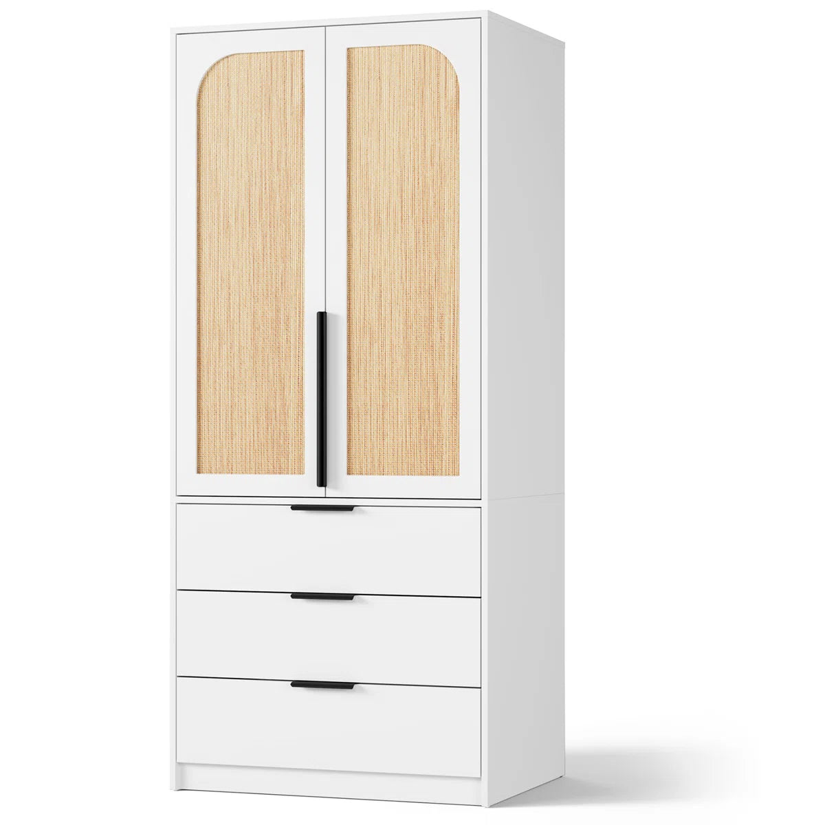 Armoire Wardrobe Closet, 69.5" Wooden Wardrobe Cabinet with 3 Drawers, Hanging Rod, 2 Doors Clothing Storage Cabinet for Bedroom, Large Capacity Storage, Rattan Door