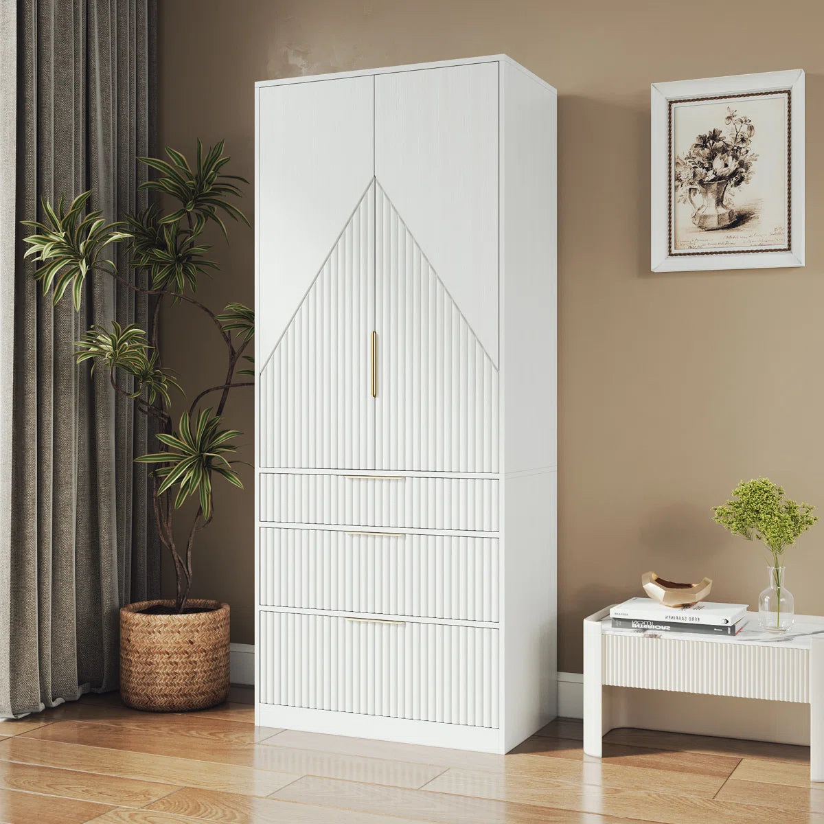 2 Doors Armoire Wardrobe With Three Large Drawers And Hidden Storage