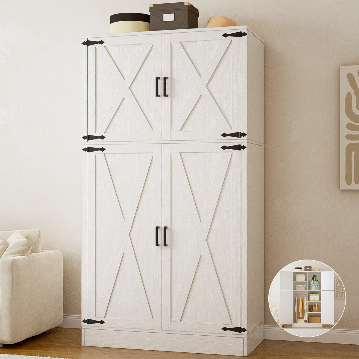 71'' Farmhouse Armoire, Wardrobe Closet Storage Cabinet With Shelf & Hanging Rod