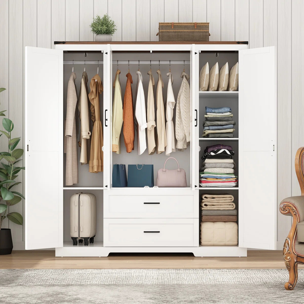 70.10" Farmhouse 4 Door Armoire Wardrobe With 2 Drawers, Hanging Rod And 2 Adjustable Shelves For Bedroom