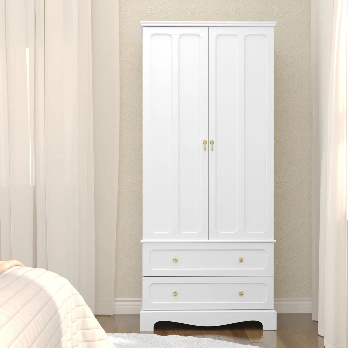 Freestanding Wooden Wardrobe Armoire with 2 Drawers