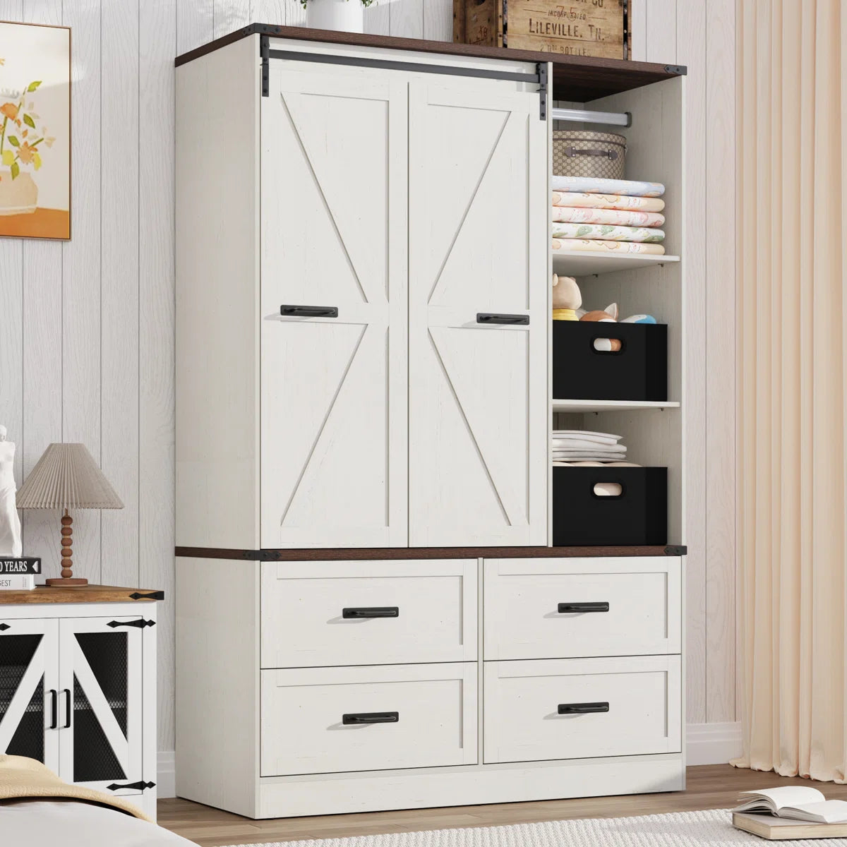 73.00''H Armoire Wardrobe With Sensor Light, Drawers, And Hanging Rod