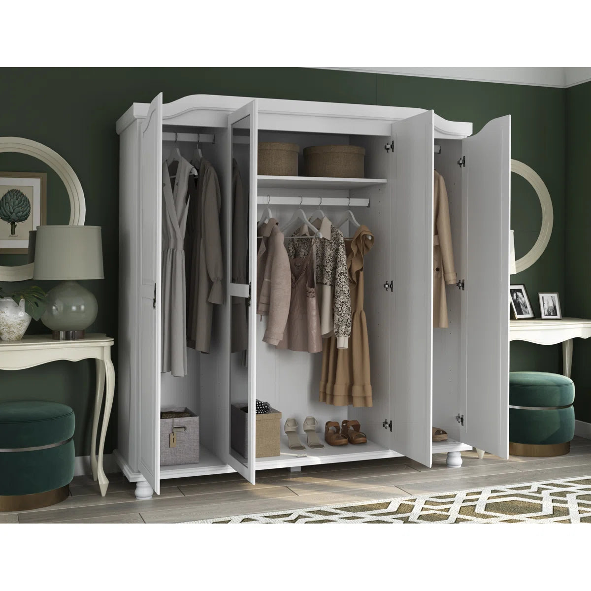 Kyle 100% Solid Wood 4-door Wardrobe Armoire with Mirrored Doors