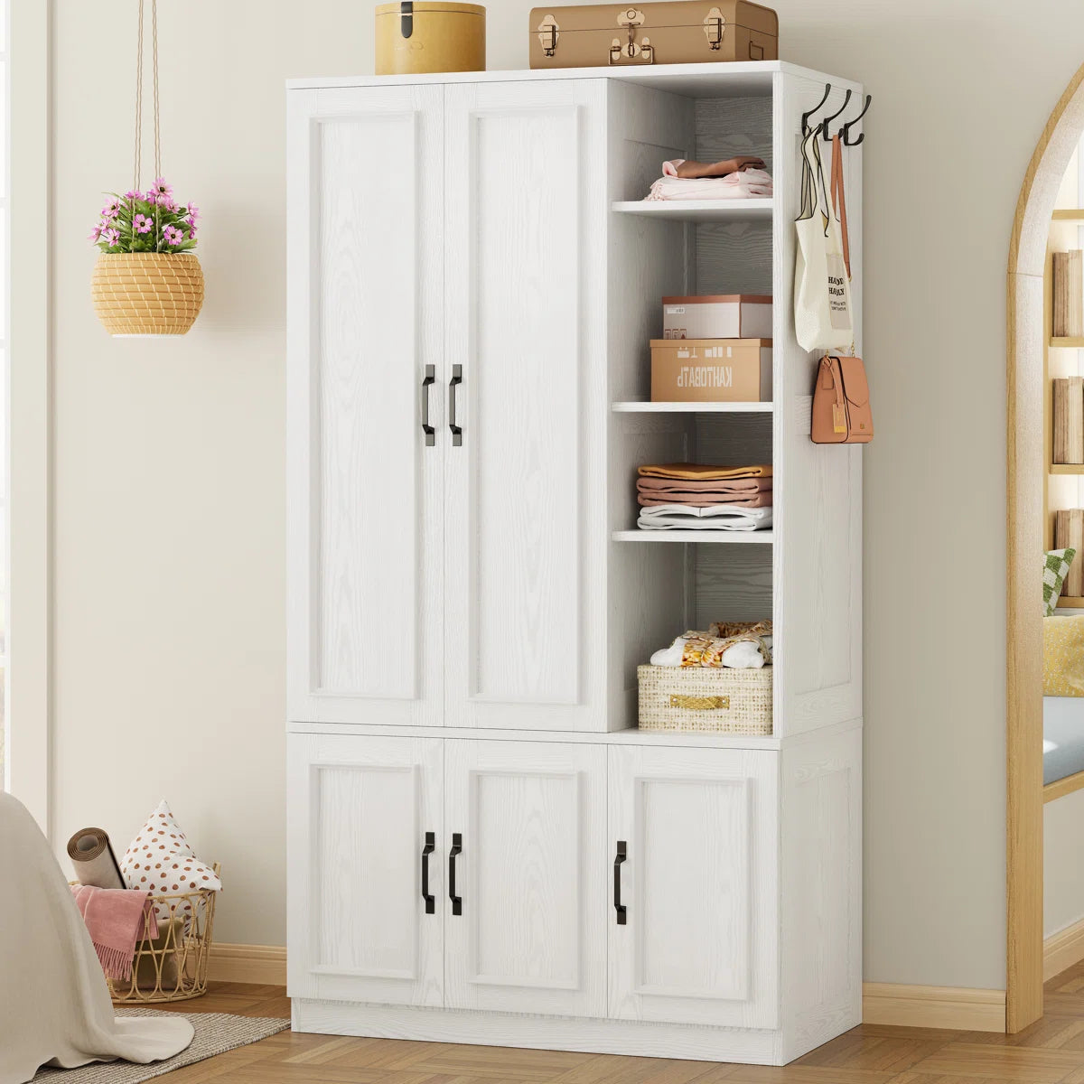 5-Door Wooden Wardrobe With Hanging Poles & 4 Open Storage Shelves, 70” Armoire For Hanging Clothes