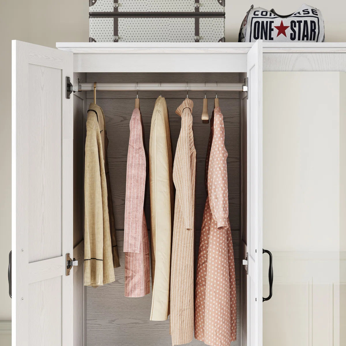 3-door Solid Wood Armoire With Mirror, 2 Drawers, 2 Shoe Racks, 35.4" W × 70.4" H Wardrobe Closet With 6 Shelves, Closet Storage cabinet With Hanging Rod, White
