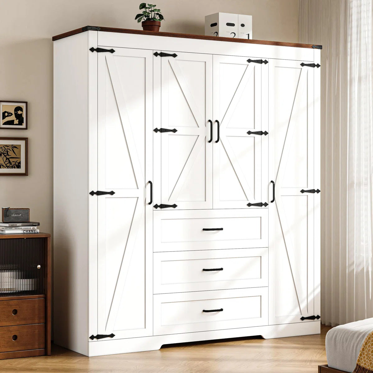Farmhouse 4-door Wooden Armoire Wardrobe Closet With 3 Drawers, Wardrobe Closet With Hanging Rod And Shelves Tall Clothes Storage Cabinet For Bedroom