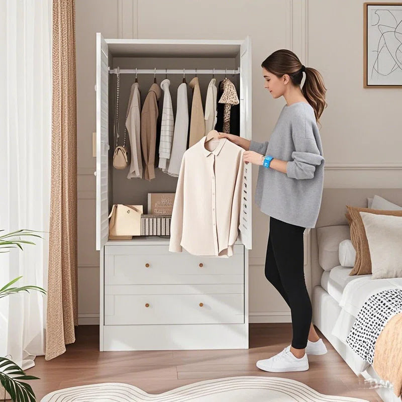 Wardrobe Armoire Closet with 2 Shutter Doors, Wardrobe with Hanging Rods and 2 Drawers, Armoire with Gold Handles