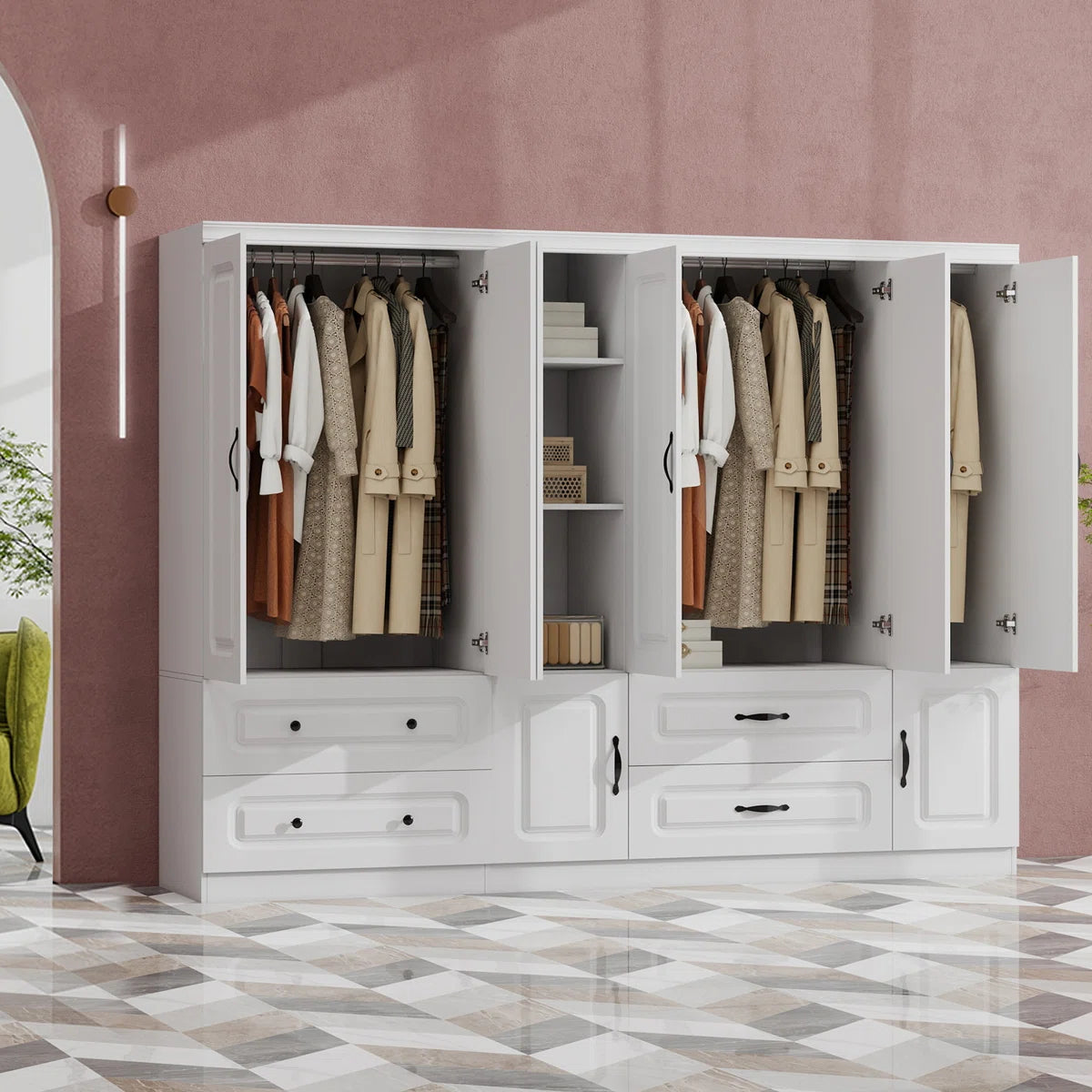 6-Door Wardrobe Armoire With Drawers, Free Standing Armoire Cabinet