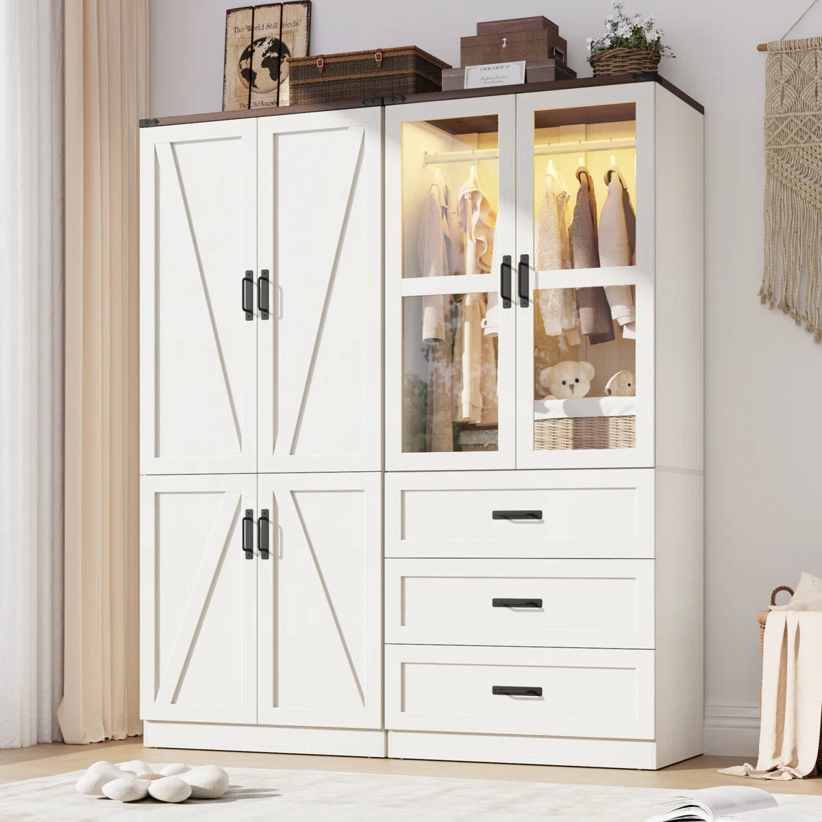 74.8"H 4 Door Wardrobe Armoire Closet With LED Lights, Rustic Farmhouse Wardrobe Cabinet With Hanging Rod & Adjustable Shelves For Bedroom