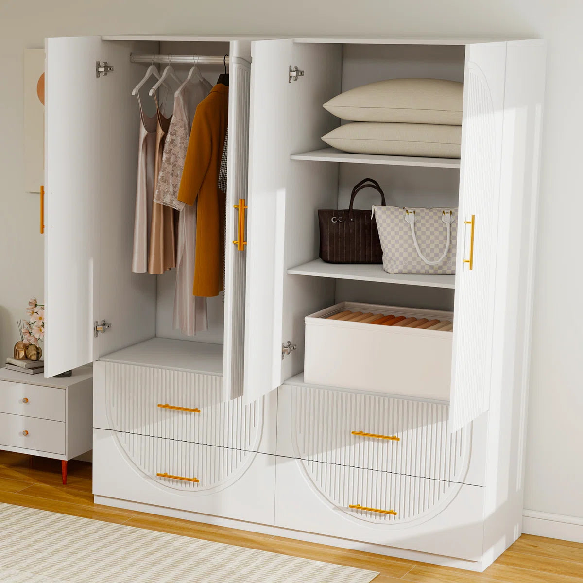 Merta White Wardrobe Closet with Soft-Close Doors — 3-Tier Shelves & 4 Drawers MDF Armoire for Bedroom