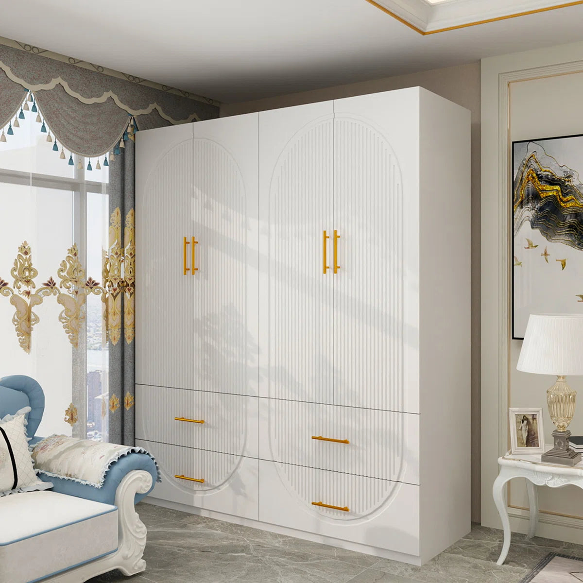 Merta White Wardrobe Closet with Soft-Close Doors — 3-Tier Shelves & 4 Drawers MDF Armoire for Bedroom