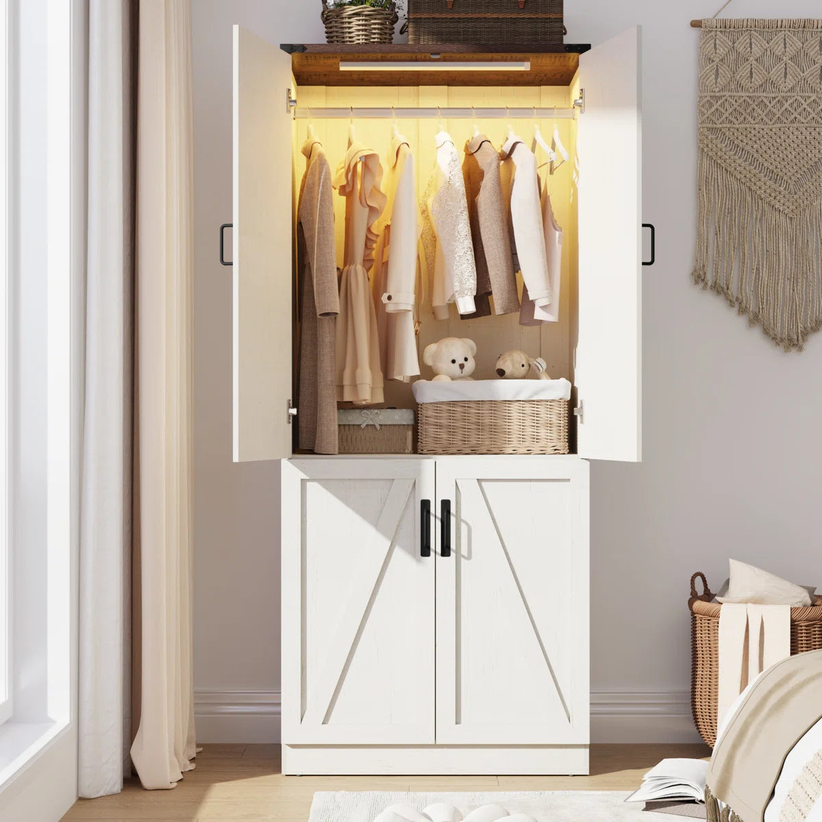 75" H Farmhouse Wardrobe Armoire Closet With LED Lights, 2 Doors Wooden Wardrobe Cabinet For Bedroom With Hanging Rod For Bedroom