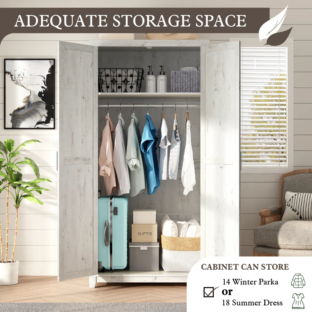 70" Farmhouse Large Armoire Wardrobe Closet With Hanging Rod