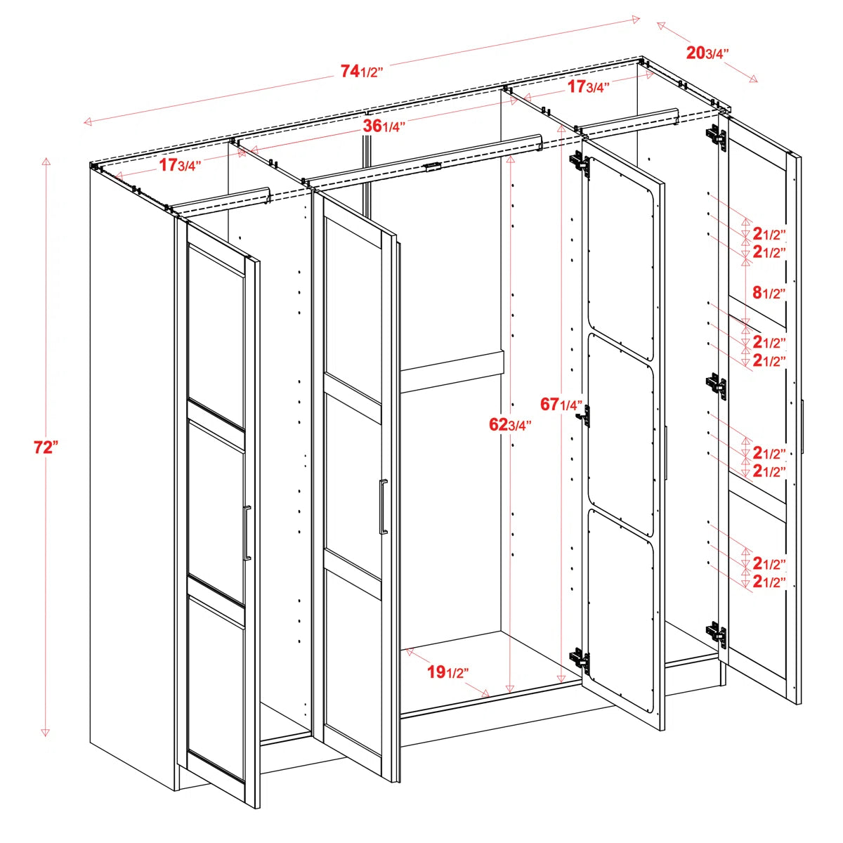 Cosmo 100% Solid Wood 4-door Wardrobe Armoire with Mirrored Doors