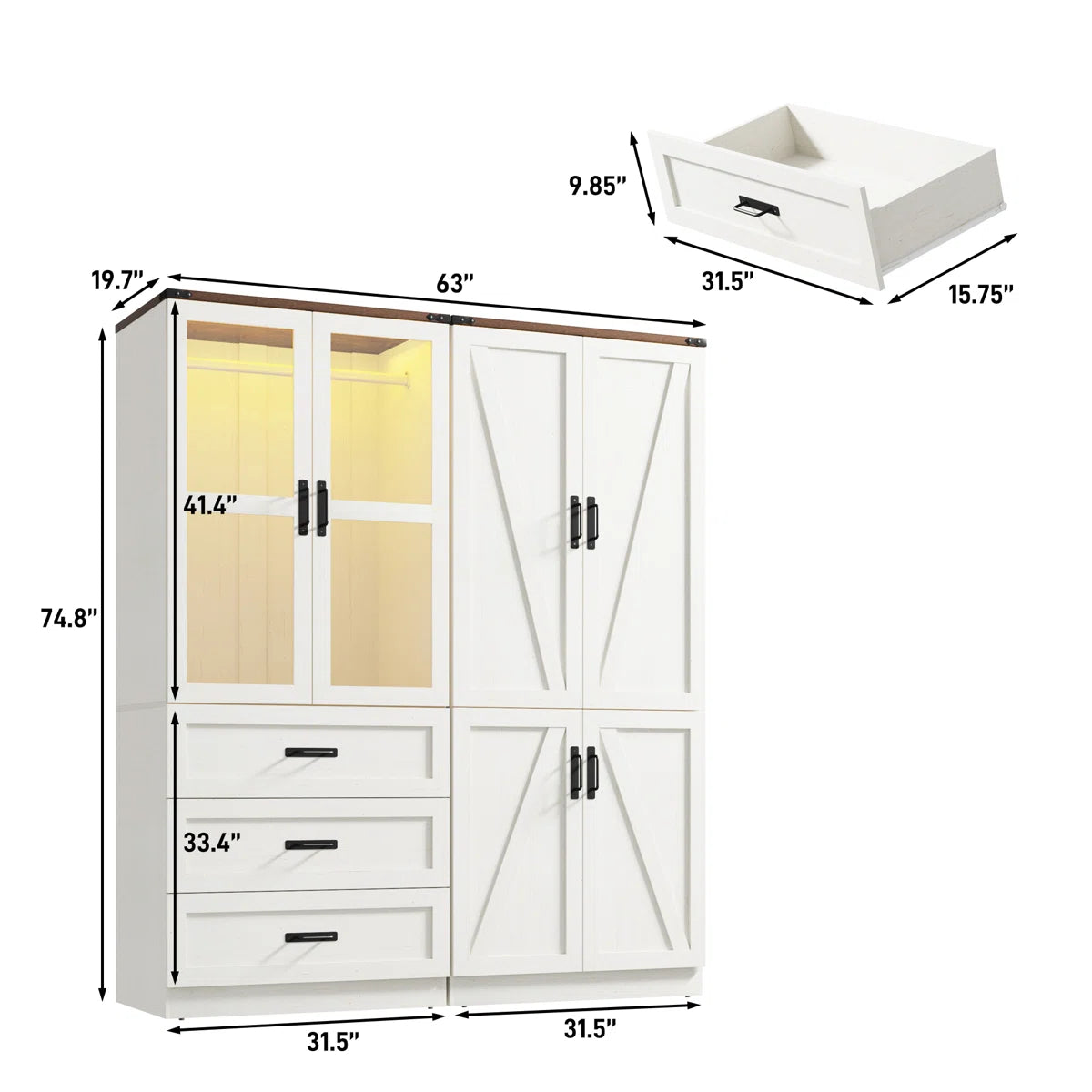 74.8"H 4 Door Wardrobe Armoire Closet With LED Lights, Rustic Farmhouse Wardrobe Cabinet With Hanging Rod & Adjustable Shelves For Bedroom