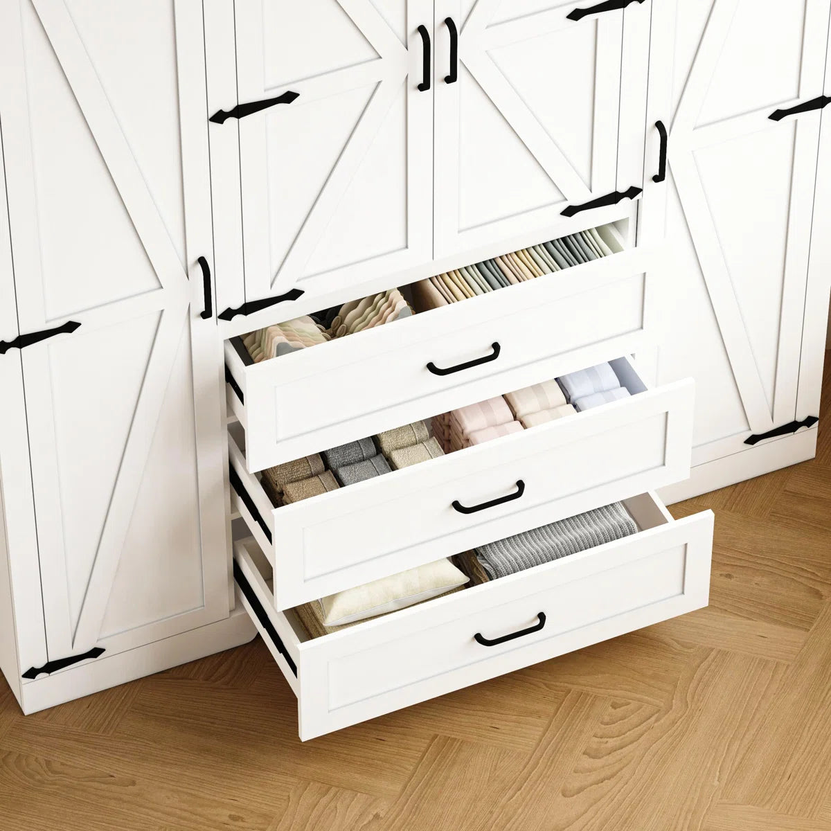 Farmhouse 4-door Wooden Armoire Wardrobe Closet With 3 Drawers, Wardrobe Closet With Hanging Rod And Shelves Tall Clothes Storage Cabinet For Bedroom