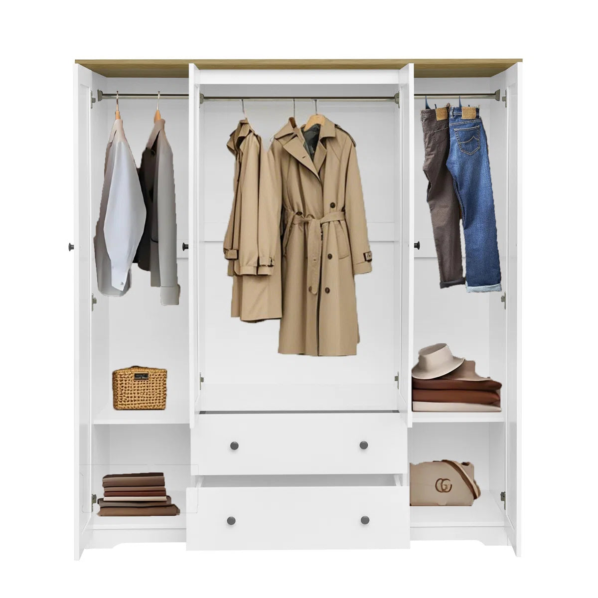 Wood Wardrobe Closet With 4 Doors And 2 Drawers,Bedroom Freestanding Armoire Storage Cabinet With Shelves,Wooden Wardrobe Combination For Hanging Clothes