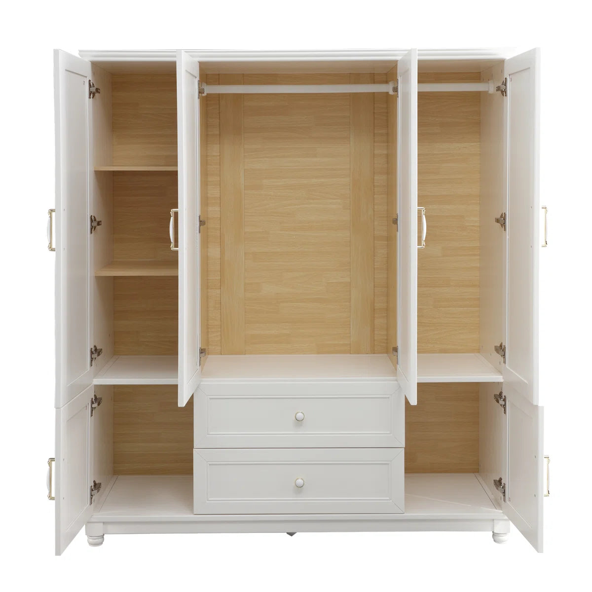 4 Doors Wardrobe Armoire 100% Soild Wood Storage Cabinet With Shelves, 70.87"H Wardrobe Closet With 2 Drawers and 2 Hanging Rods, Pearly White Finish