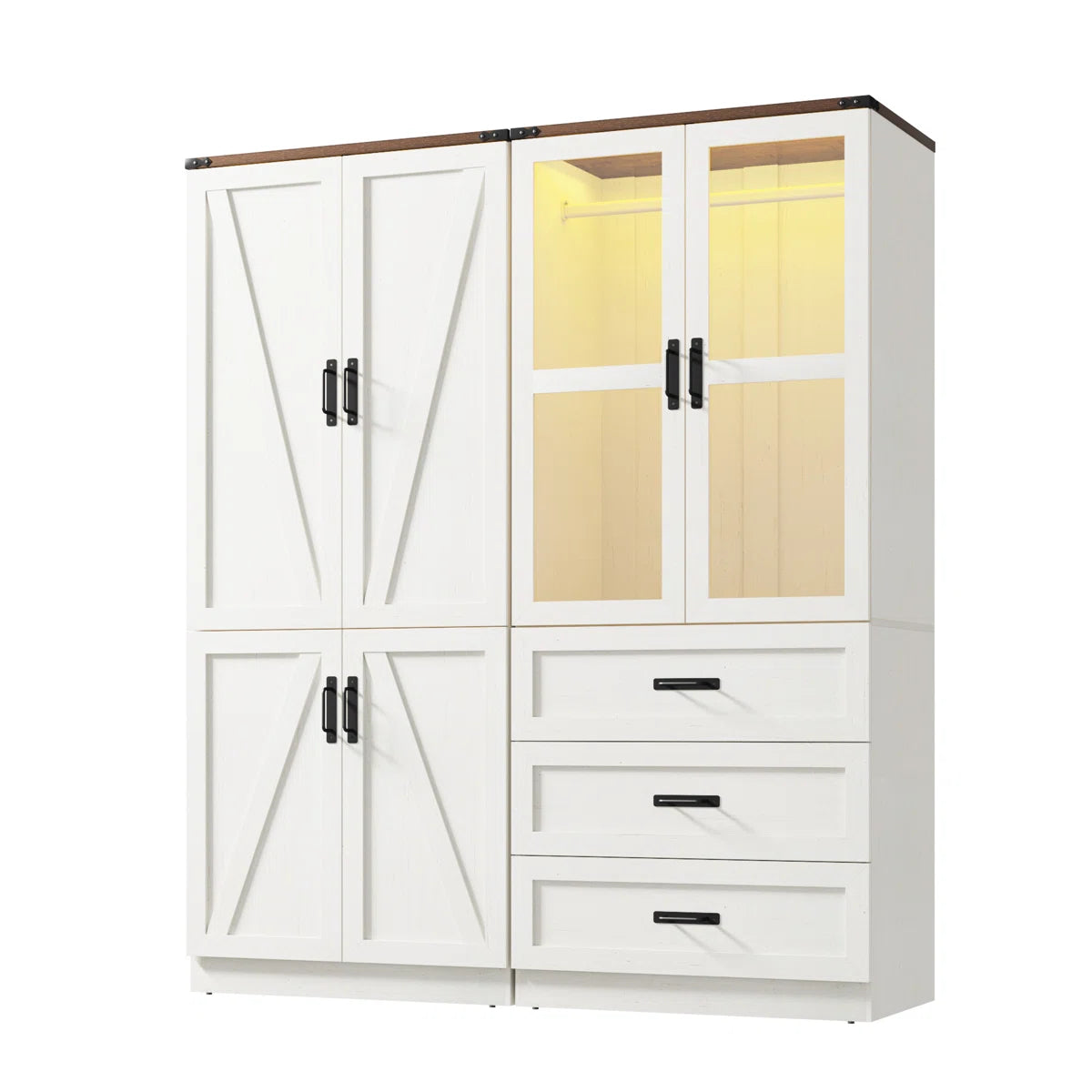 74.8"H 4 Door Wardrobe Armoire Closet With LED Lights, Rustic Farmhouse Wardrobe Cabinet With Hanging Rod & Adjustable Shelves For Bedroom