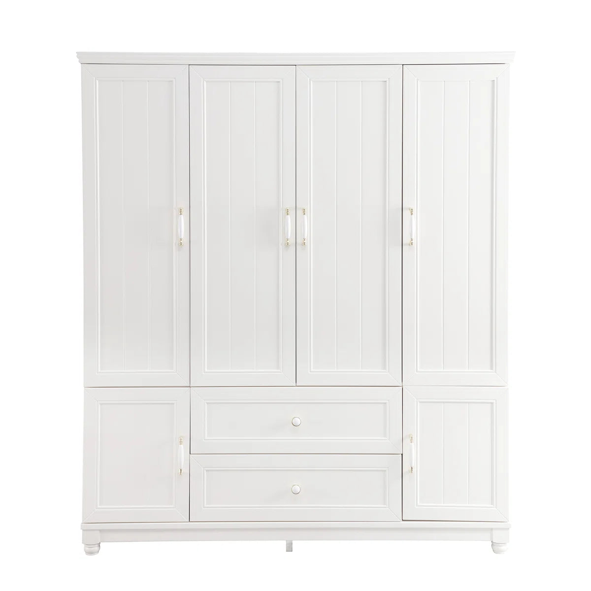 4 Doors Wardrobe Armoire 100% Soild Wood Storage Cabinet With Shelves, 70.87"H Wardrobe Closet With 2 Drawers and 2 Hanging Rods, Pearly White Finish