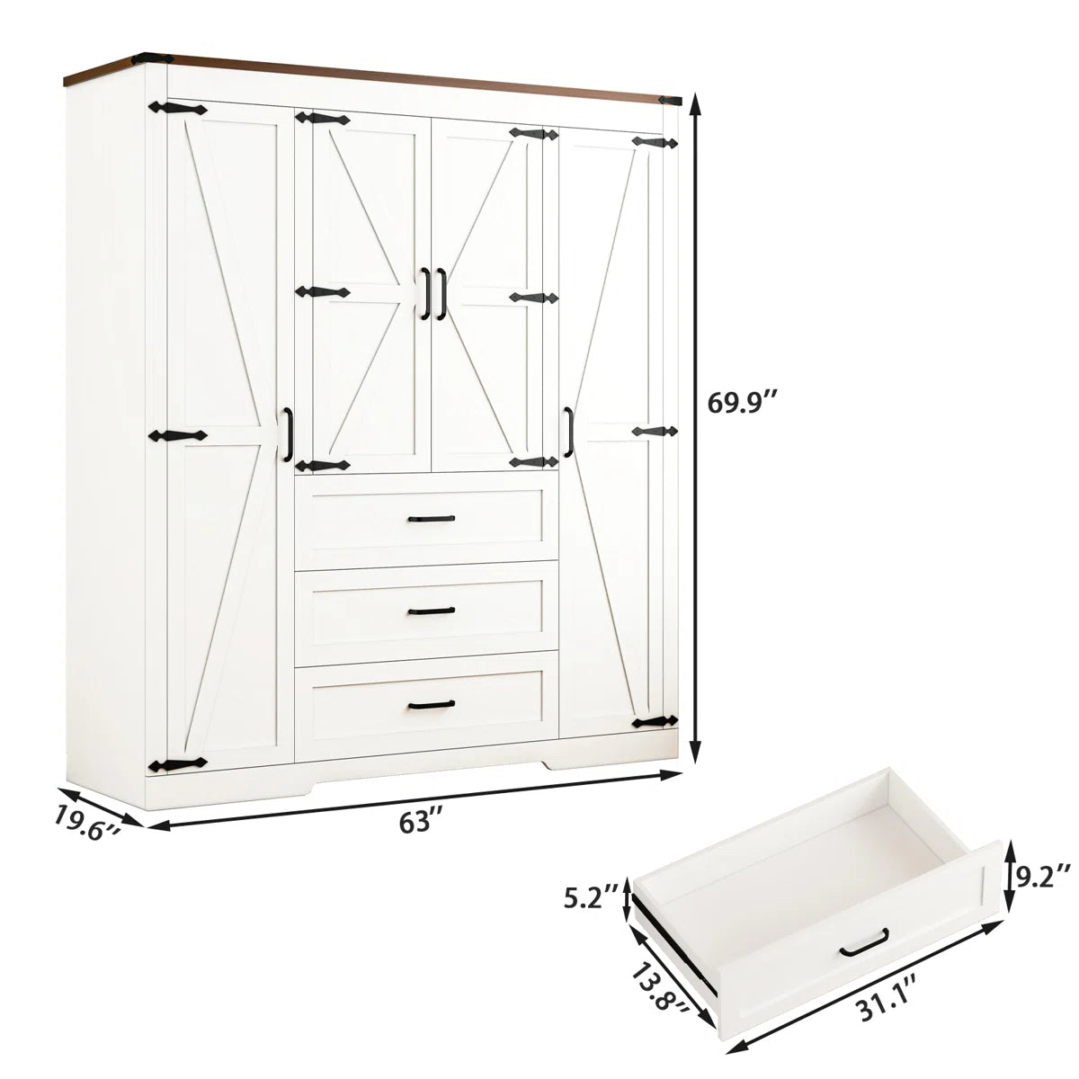 Farmhouse 4-door Wooden Armoire Wardrobe Closet With 3 Drawers, Wardrobe Closet With Hanging Rod And Shelves Tall Clothes Storage Cabinet For Bedroom