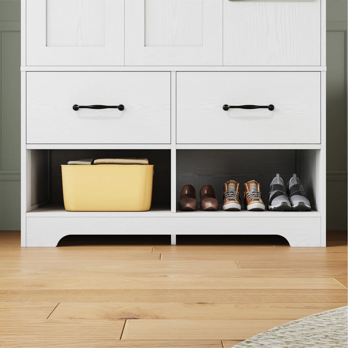 3-door Solid Wood Armoire With Mirror, 2 Drawers, 2 Shoe Racks, 35.4" W × 70.4" H Wardrobe Closet With 6 Shelves, Closet Storage cabinet With Hanging Rod, White