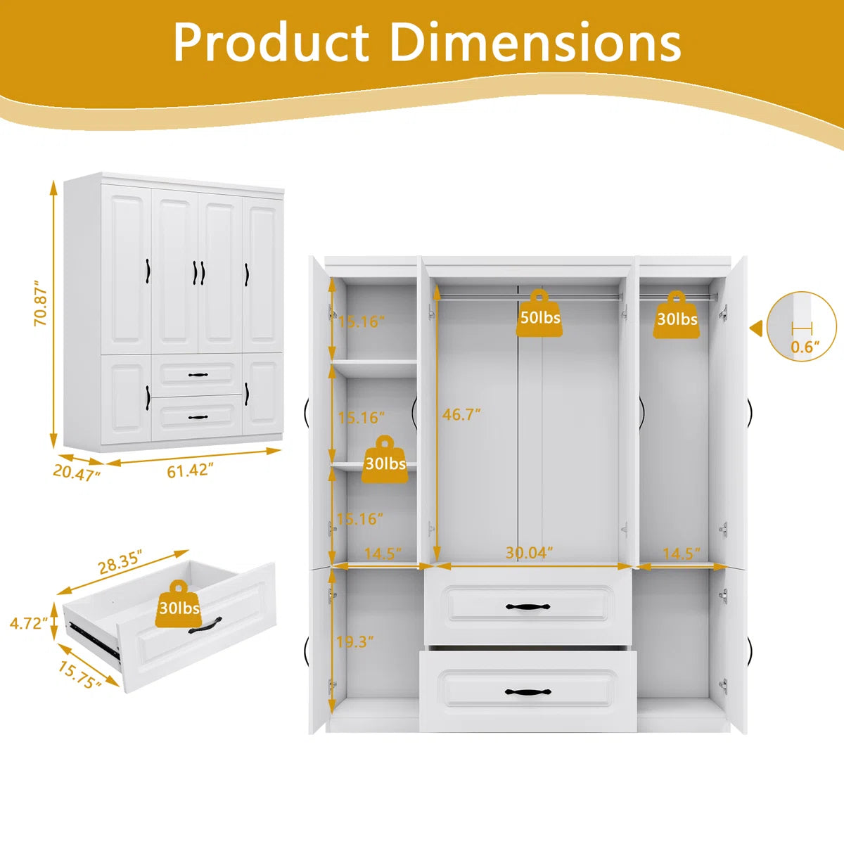 Vianna White Modern Armoire with Soft-Close Doors — MDF Wardrobe Closet with Shelves & Drawers