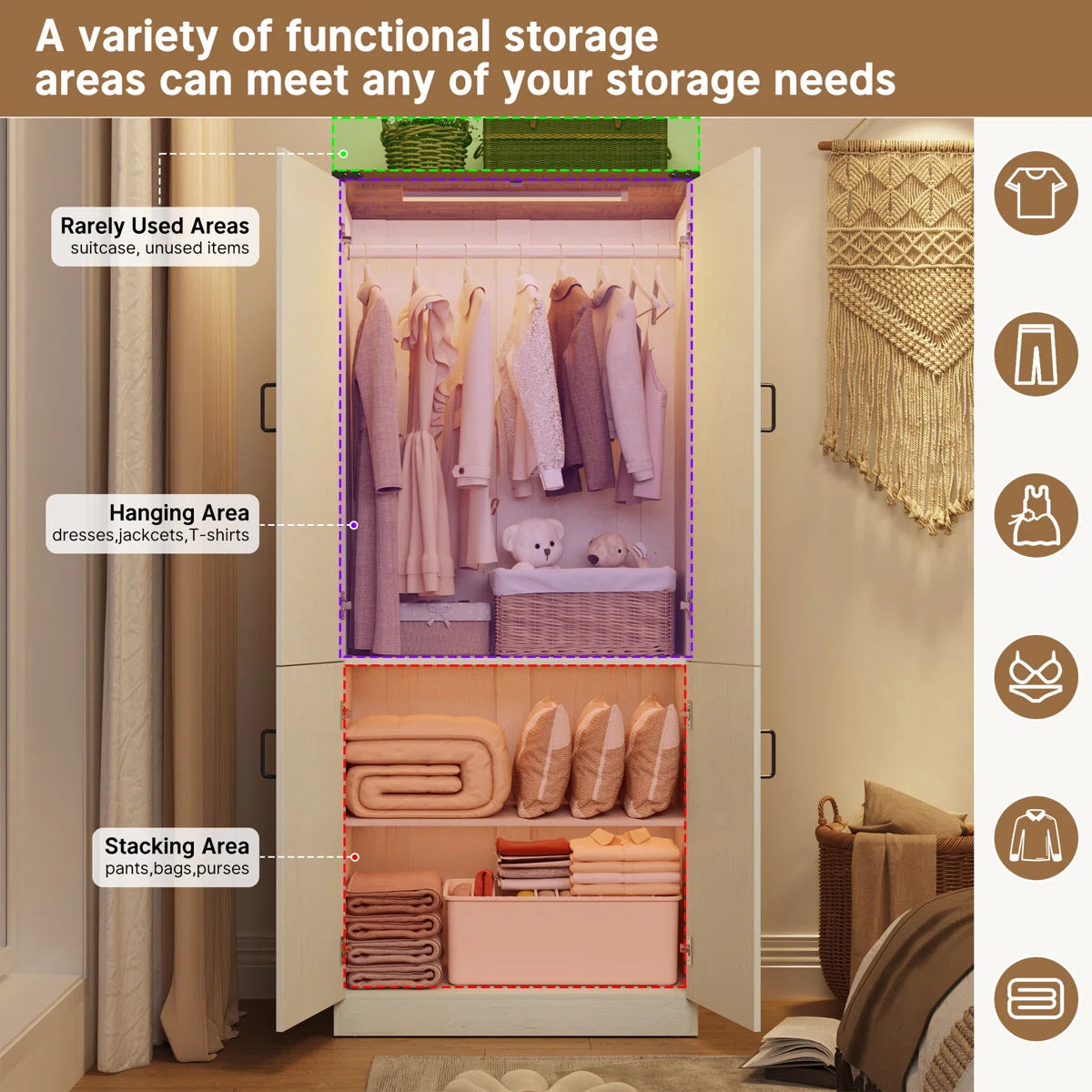 75" H Farmhouse Wardrobe Armoire Closet With LED Lights, 2 Doors Wooden Wardrobe Cabinet For Bedroom With Hanging Rod For Bedroom